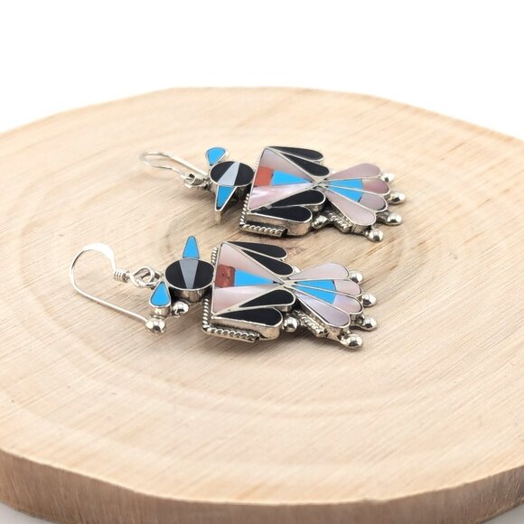 Genuine Native American Earrings Zuni Handmade Jewelry Thunderbird Design ***‎ - Picture 5 of 12